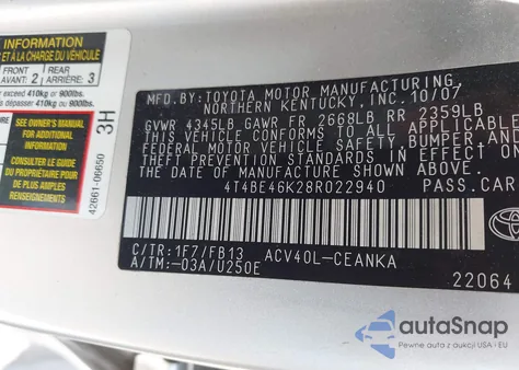 2008 Toyota Camry Le z USA, uszkodzony, nr VIN 4T4BE46K28R022940